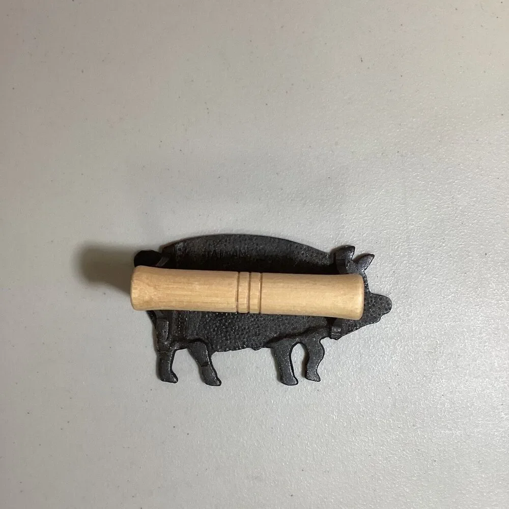 Vintage Cast Iron Pig Bacon Press Wood Handle Retro Kitchen Tool